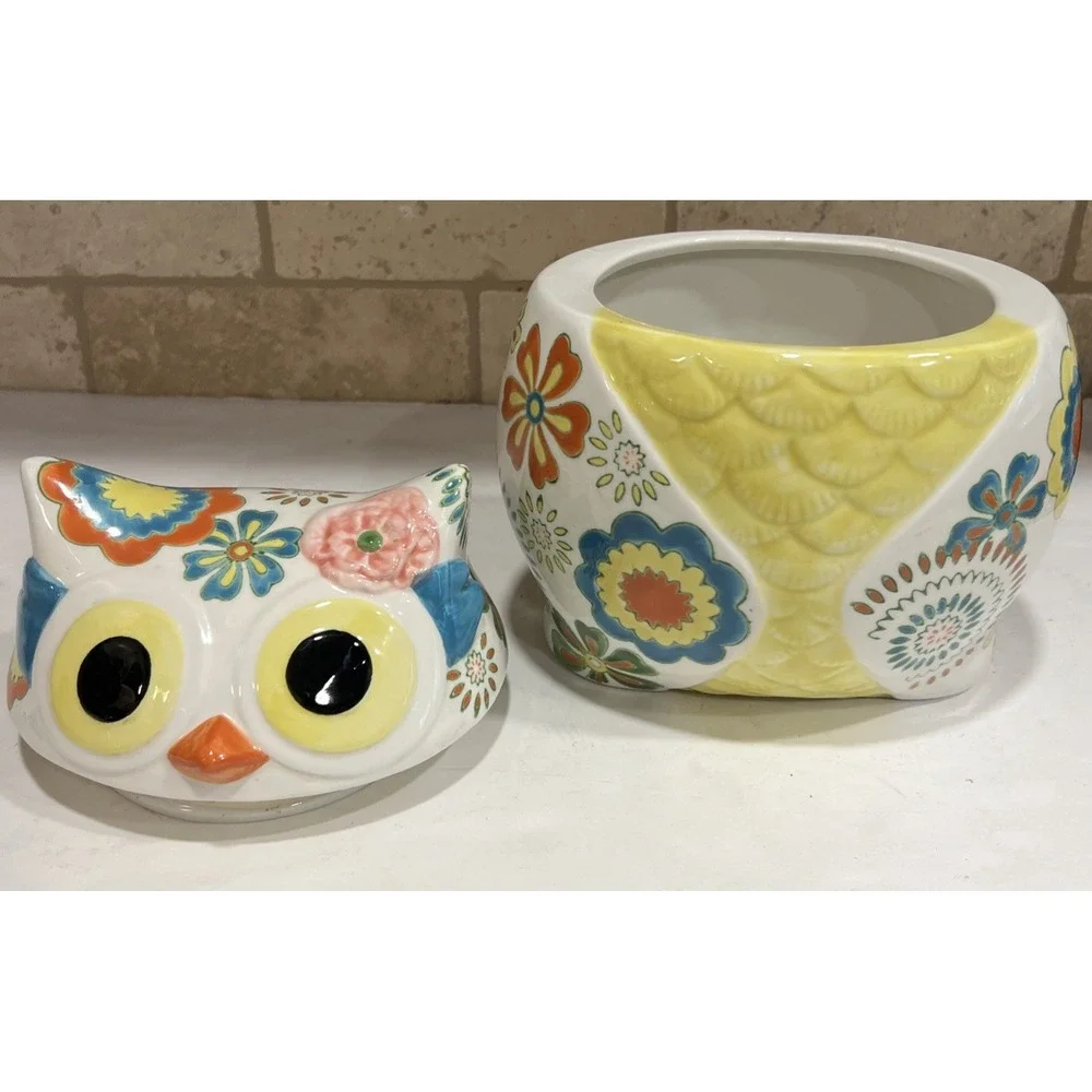 Pier 1 Imports Owl Cookie Stoneware Jar & Lid Yellow, Blue Orange Floral RETIRED